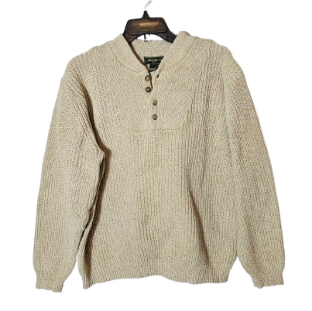 Eddie Bauer Cozy Cream Knit Henley Sweater Men's Size Large *See Spot